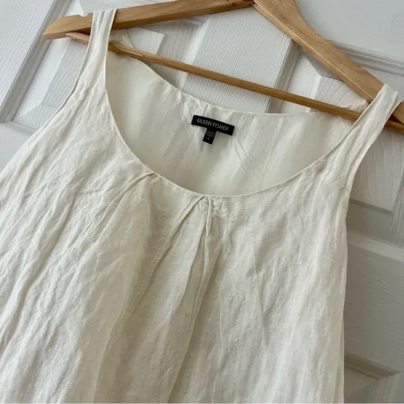 Eileen Fisher Silk Lined Cotton Tank Ivory Pleated Scoop Neck Lightweight L NWOT - Picture 5 of 6